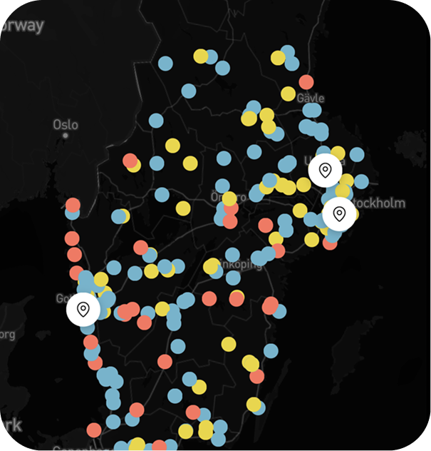 A map of Sweden showing live event pins