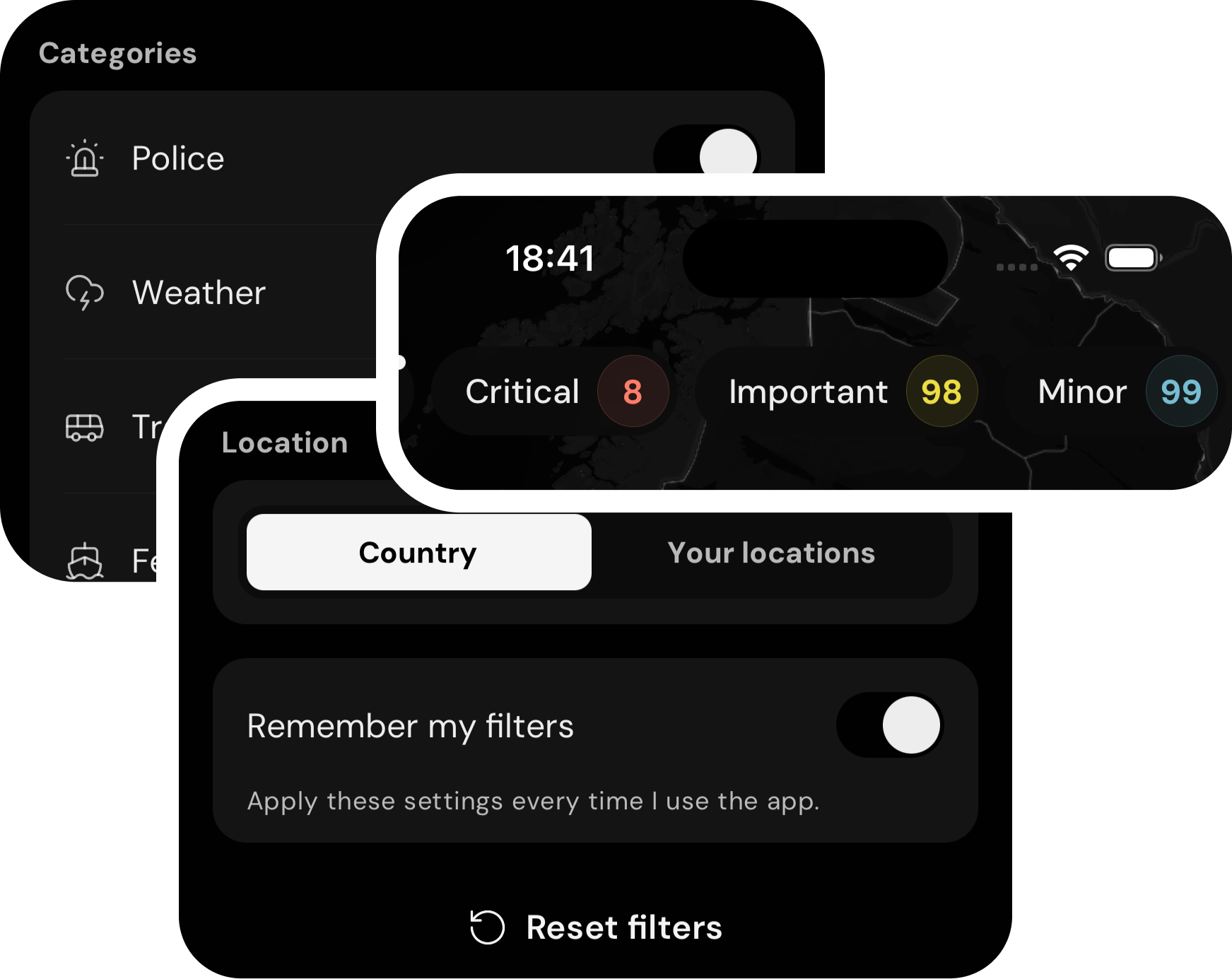 Custom alert filters in the Skouta app